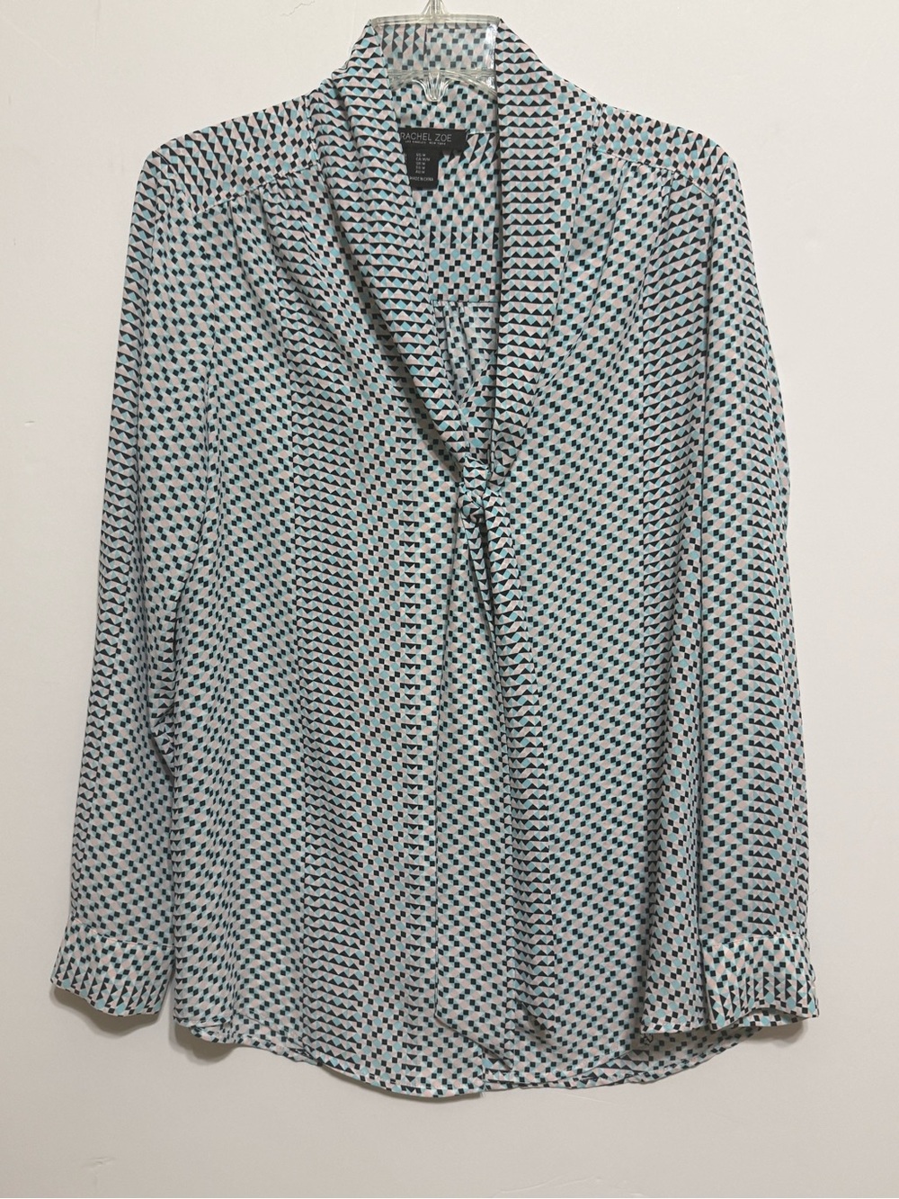 Racheal Zoe blue, green & pink button down tie neck blouse